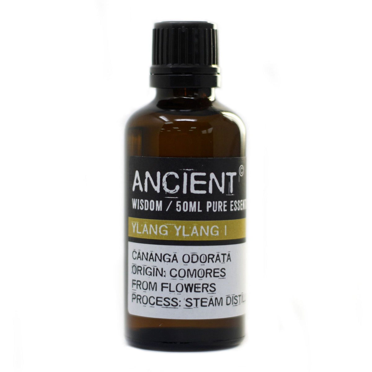 Ylang Ylang oil in a single amber bottle with a black cap and a yellow label, shown from the front