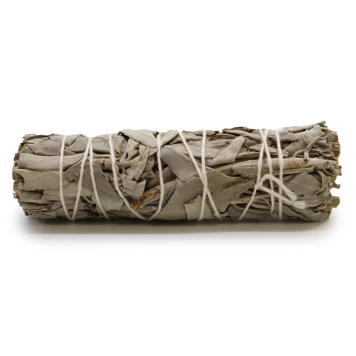 Smudge Stick, Dream Sage 10cm, pale dried leaves tied with white string, shown horizontally on white