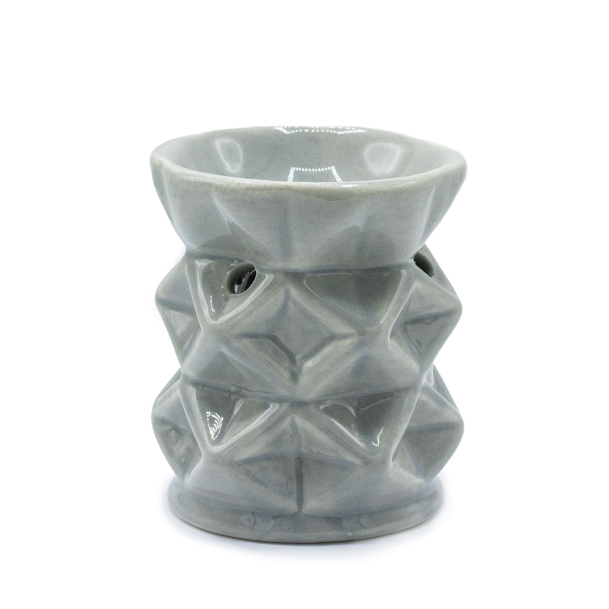 Oil Burner Geometric, Grey with a raised geometric pattern and top dish, shown from the front