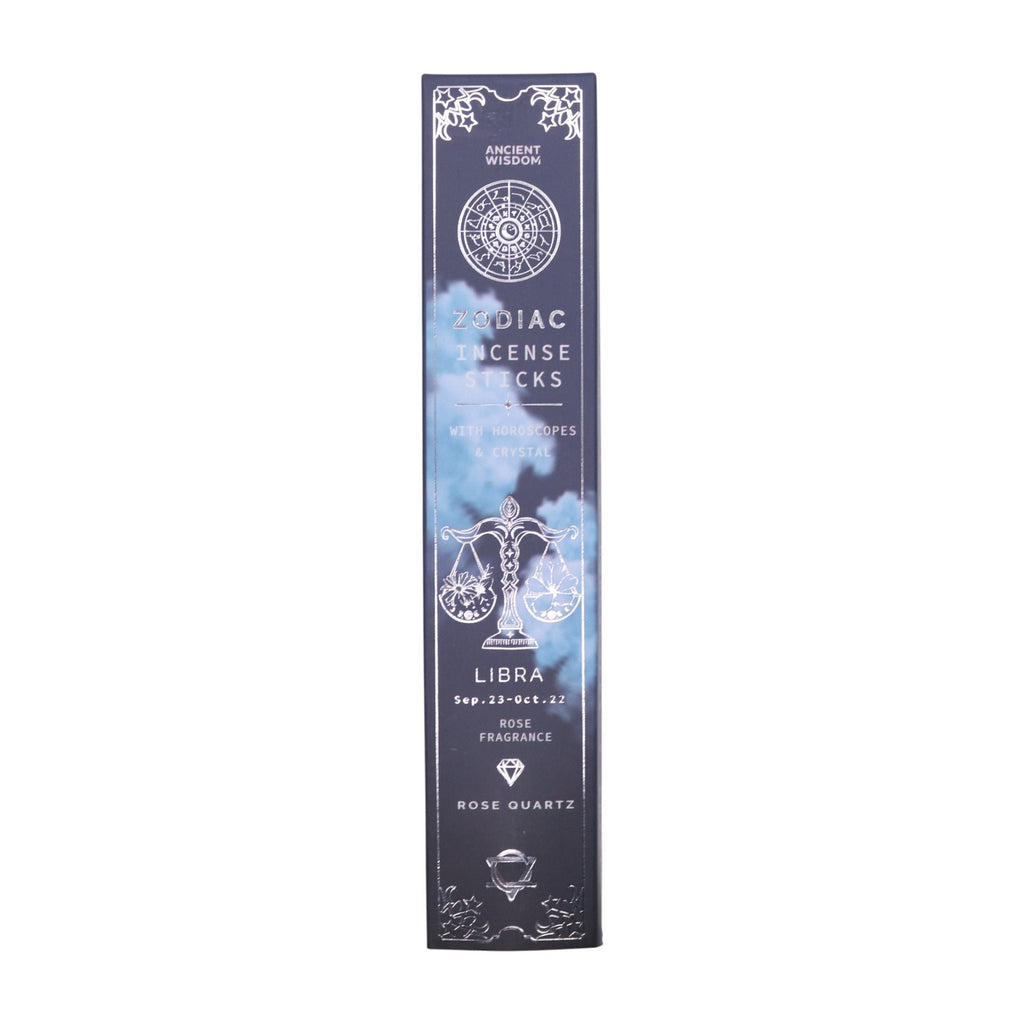 Libra Zodiac Incense Sticks box, front view, with dates and Rose Quartz named