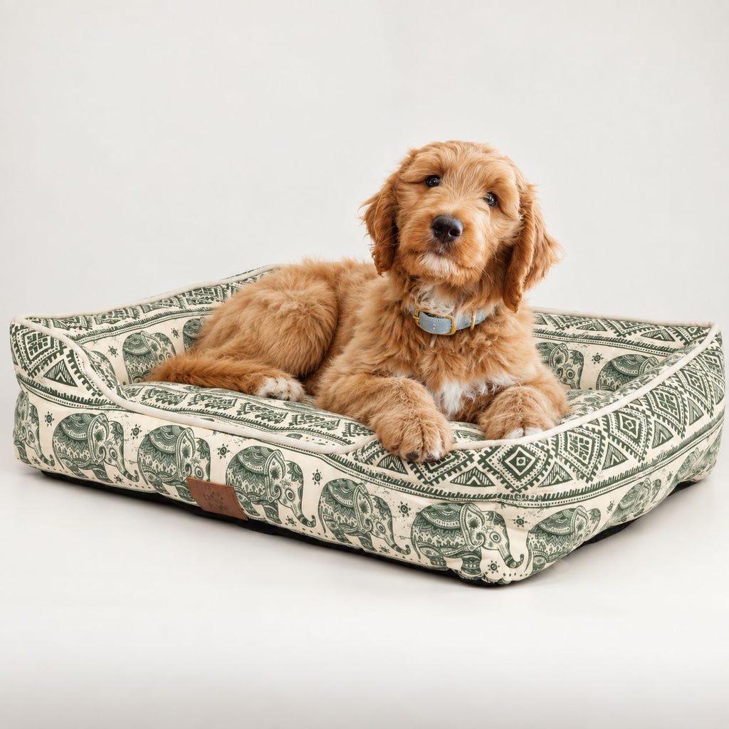 PAW Lucky Elephant pet bed in green with a dog resting inside