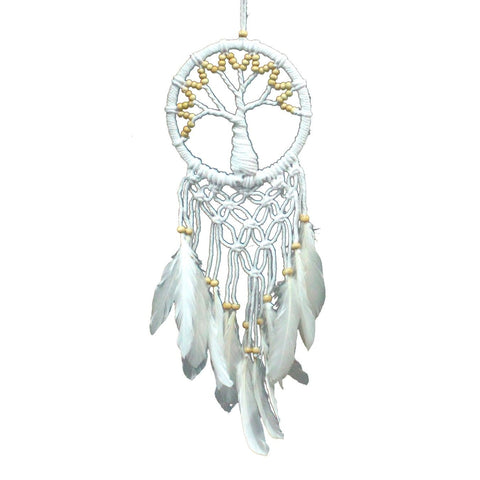 Tree of Life Dreamcatcher, white circular woven design with wooden beads and feathers, shown hanging on white