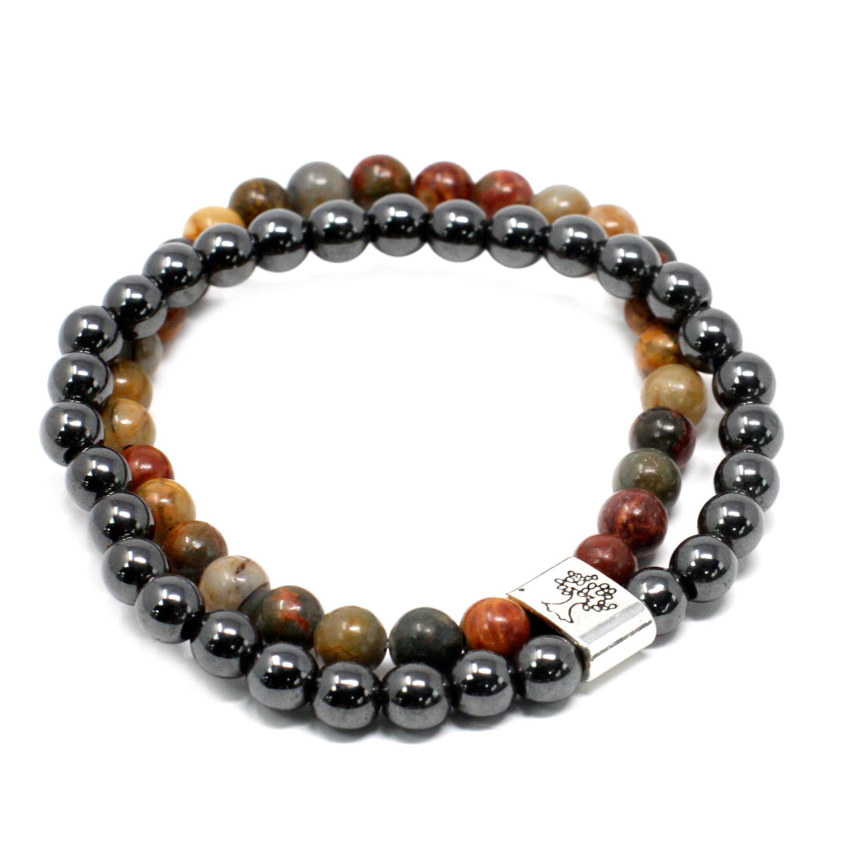 Picasso Jasper bracelet alone on a white background, arranged in two loops with the silver clasp visible