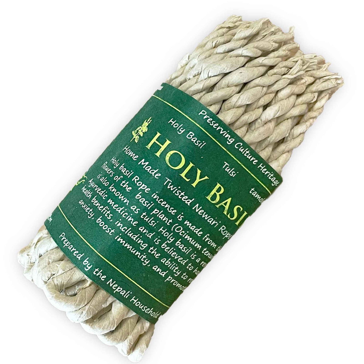 Pure Herbs Rope Incense, Holy Basil, pale twisted ropes bundled with a green printed paper band