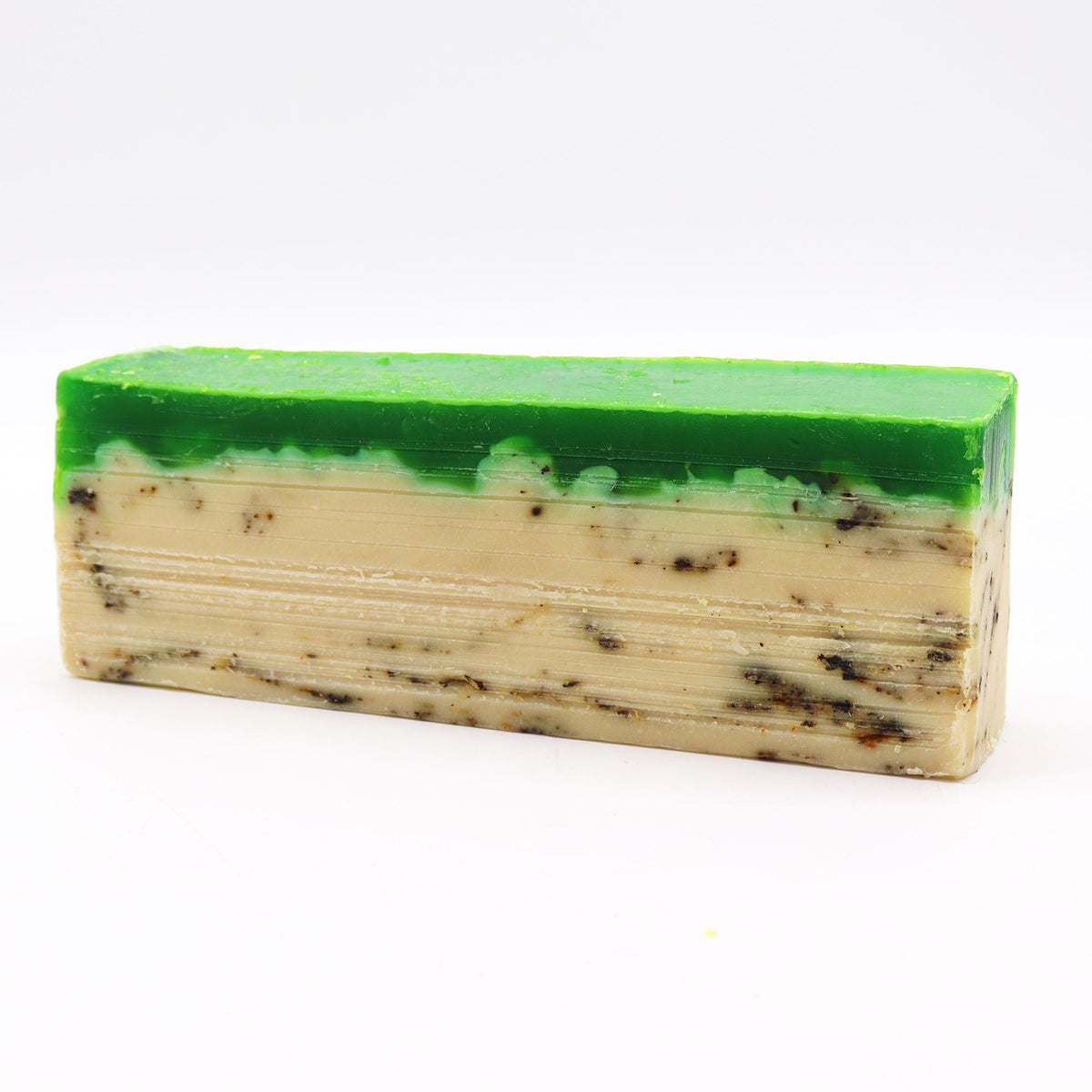 Green Tea, Olive Oil Soap Loaf, a rectangular bar with a bright green top and flecked cream sides