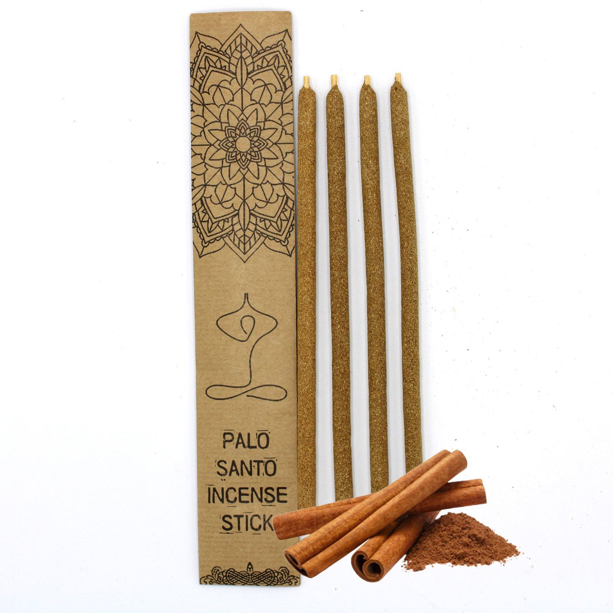 Palo Santo Large Incense Sticks, Cinnamon in a printed cardboard sleeve, with sticks and cinnamon powder