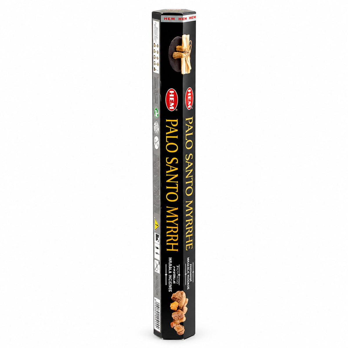 HEM Palo Santo Myrrh incense in a tall black hexagonal pack