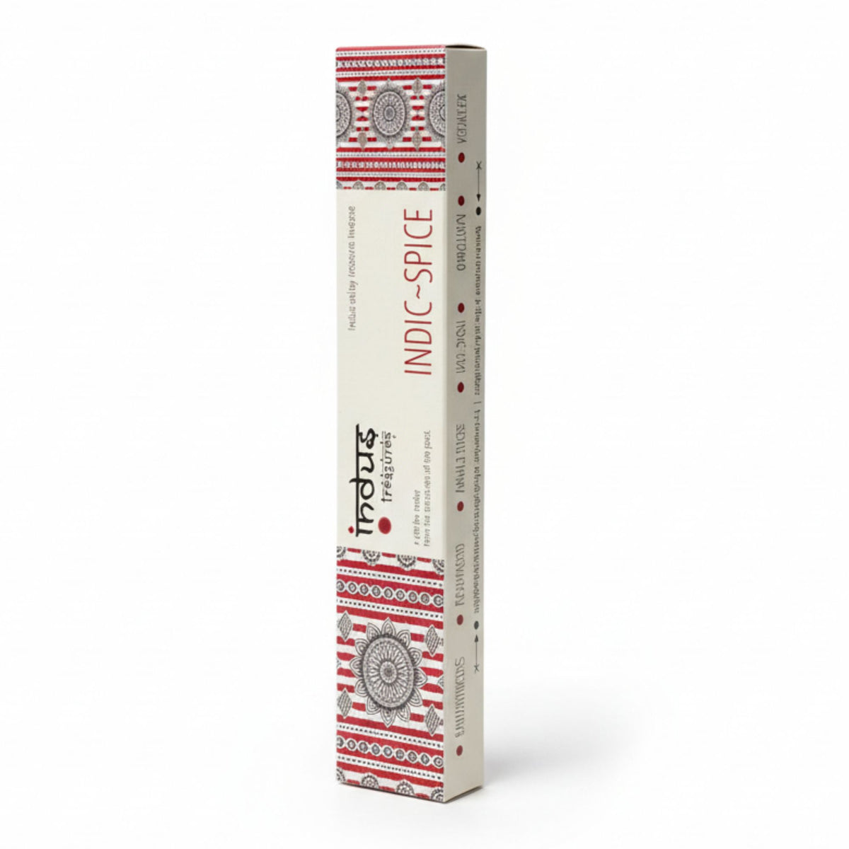 Upright cream and red Indic-Spice incense packet shown at an angle against a white background