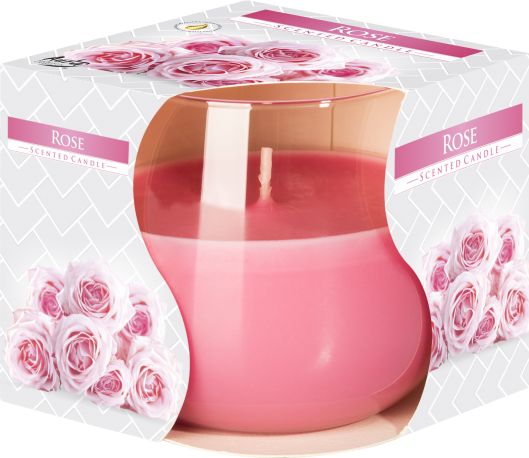 Scented Glass Jar Candle, Rose, pink candle in a clear glass jar inside a white and pink floral box