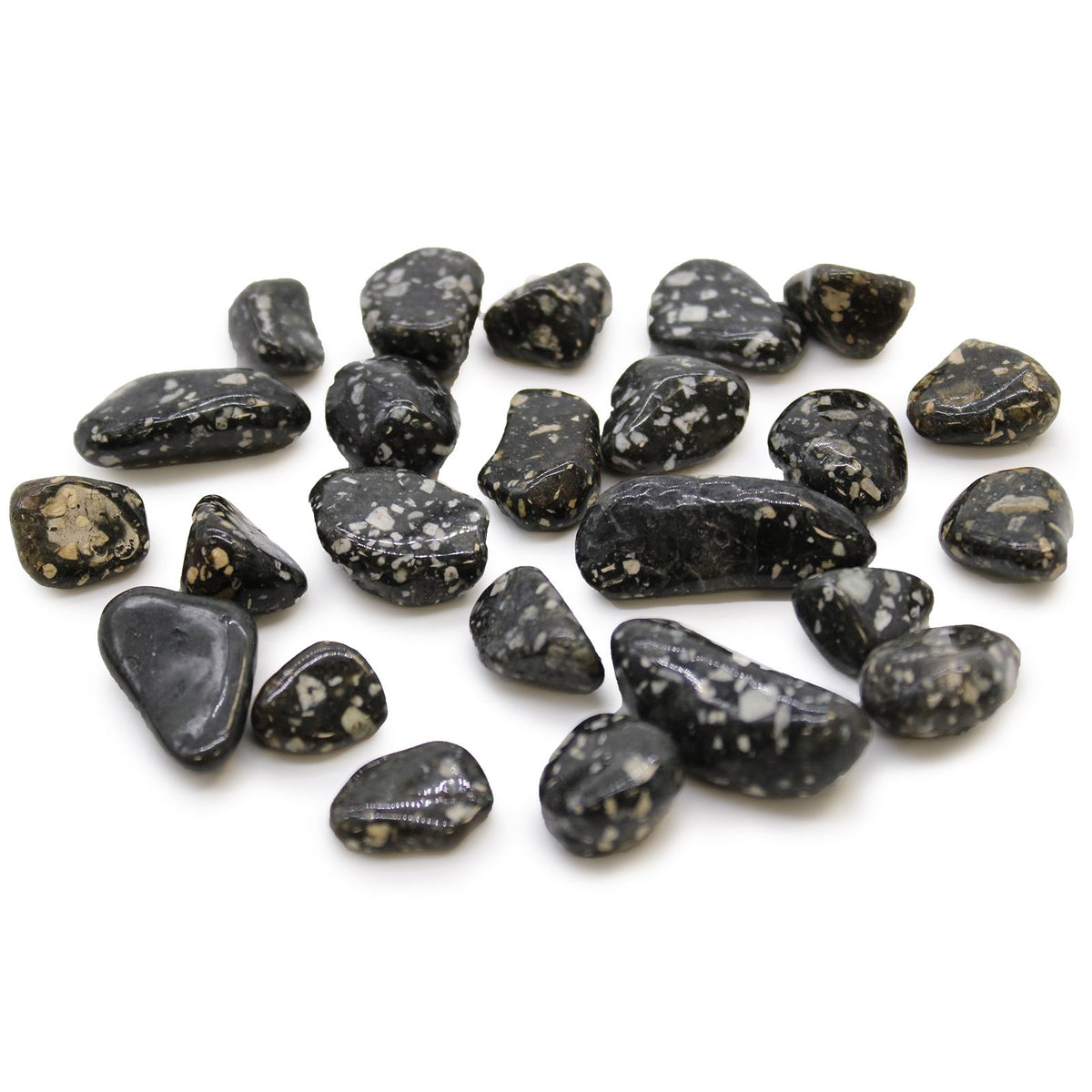 Small African Tumble Stones, Guinea Fowl, dark polished stones with pale speckles scattered on white