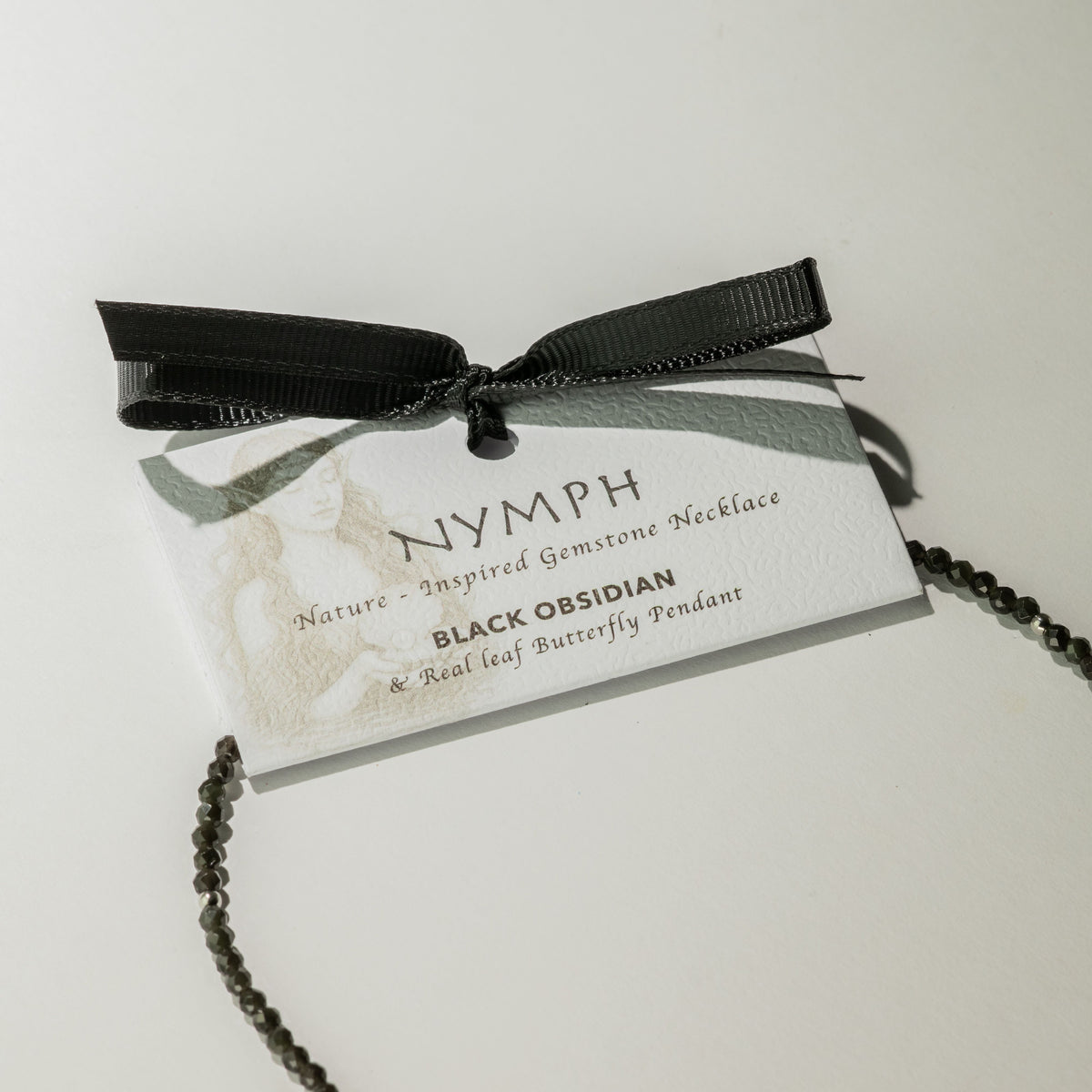 Nymph Black Obsidian Gemstone Necklace with Real Leaf Butterfly Pendant