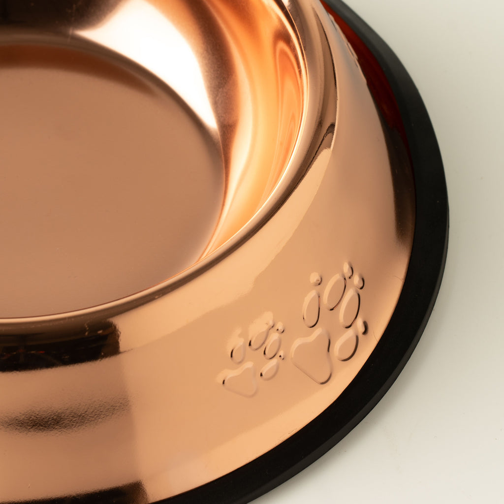 Close-up of embossed paw prints and black bowl edge