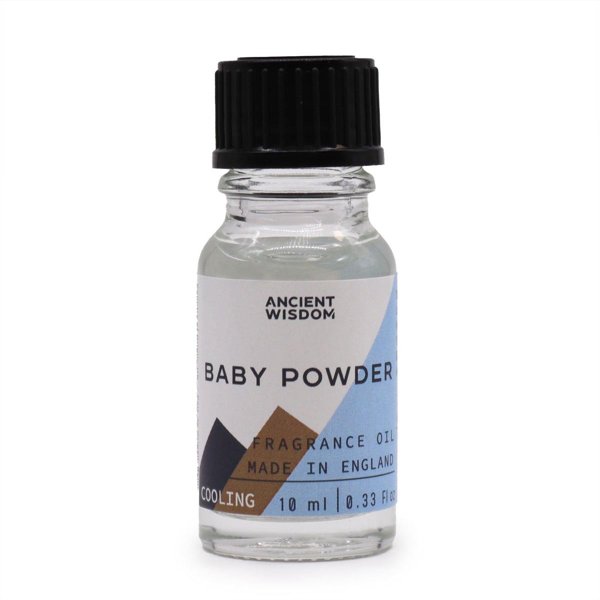 Baby Powder Fragrance Oil bottle shown upright on white, with a black cap and front label facing forwards