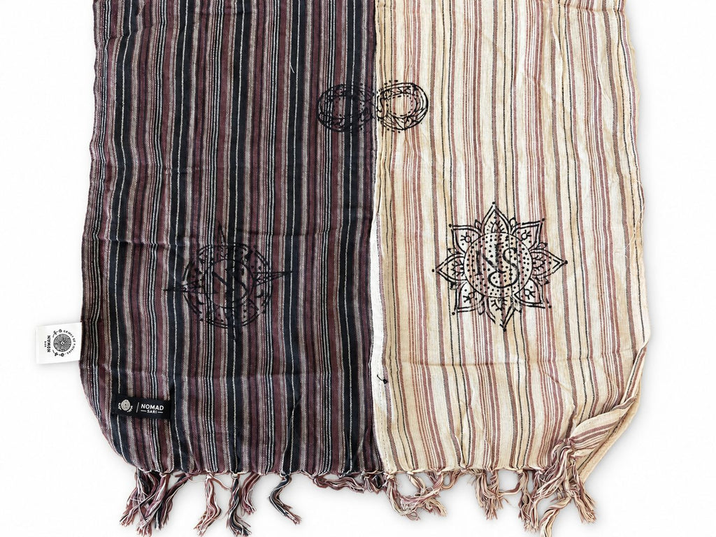 Close view of the scarf's striped panels, printed symbols and fringe