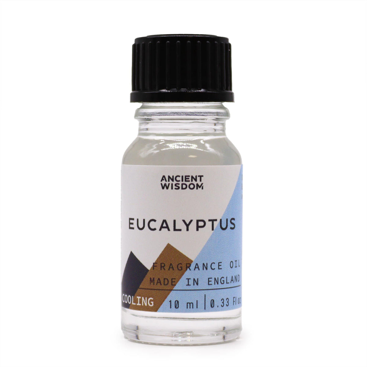Eucalyptus fragrance oil bottle with a black cap, front view on a plain white background