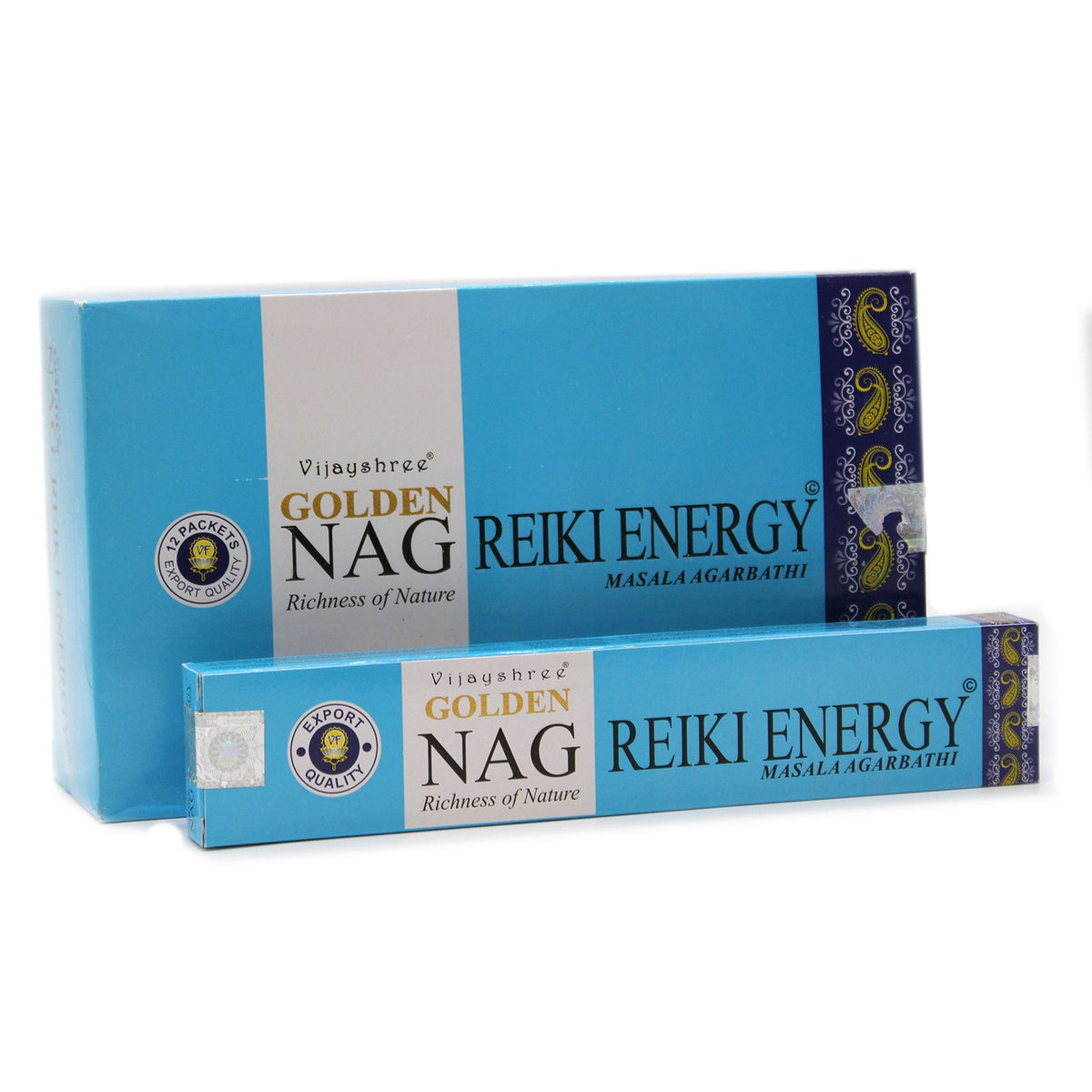 15g Golden Nag, Reiki Energy incense shown in two blue and white boxes, front view