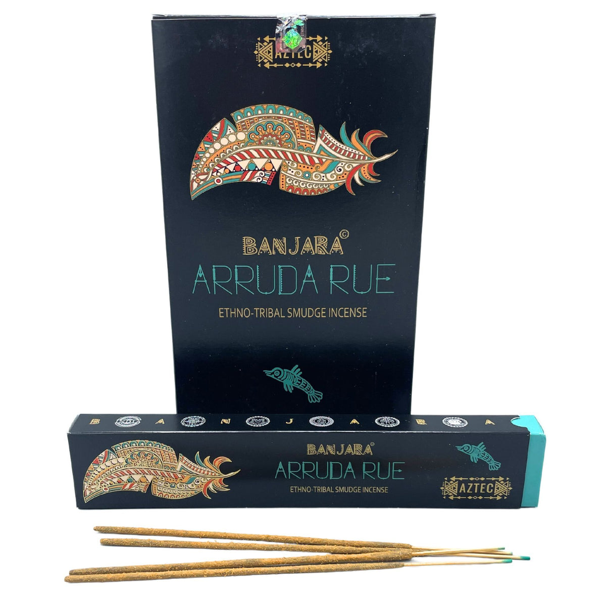 Banjara Arruda Rue incense box with a fish-scale feather design and sticks