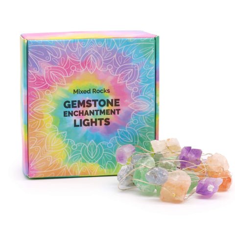 Close view of Mixed Rocks lights glowing in purple, orange, blue and green