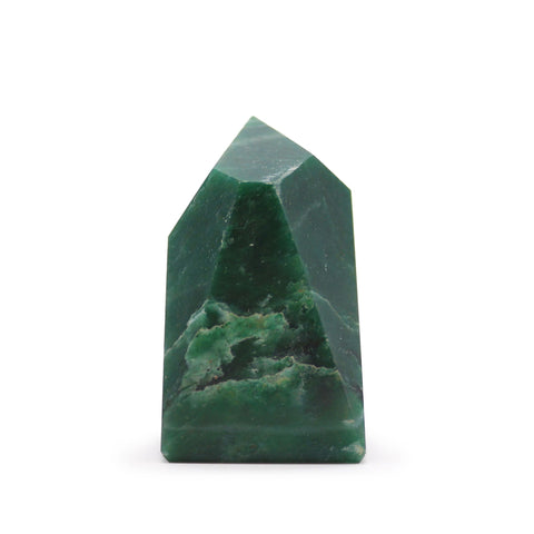 Indian Jade gemstone point, a single dark green polished point shown upright against a white background