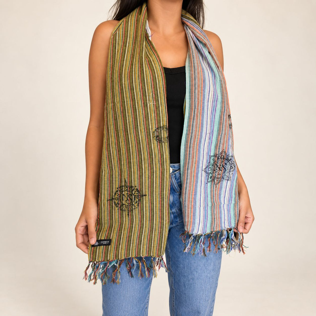 Travel Blessing Scarf worn around the neck, showing both sides