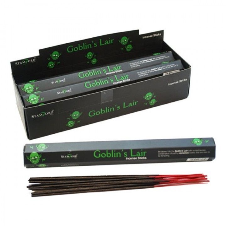 Goblin's Lair Incense Sticks in black and green packaging, shown in an open display box with loose sticks