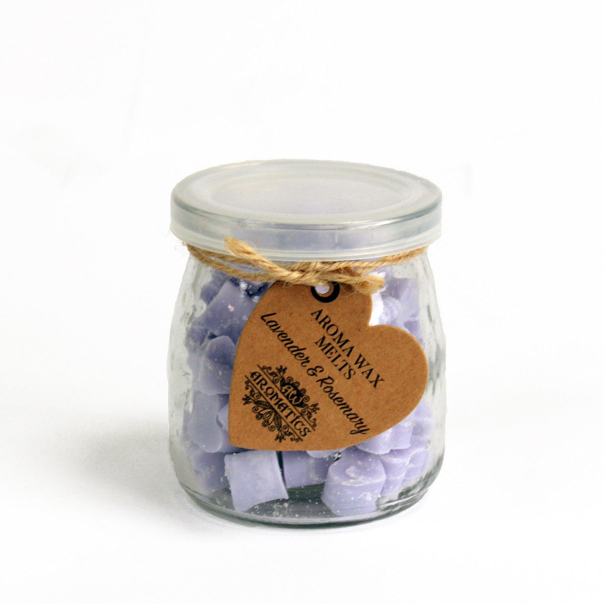 Aroma Wax Melts, Lavender & Rosemary in a clear jar with a white lid and brown heart tag