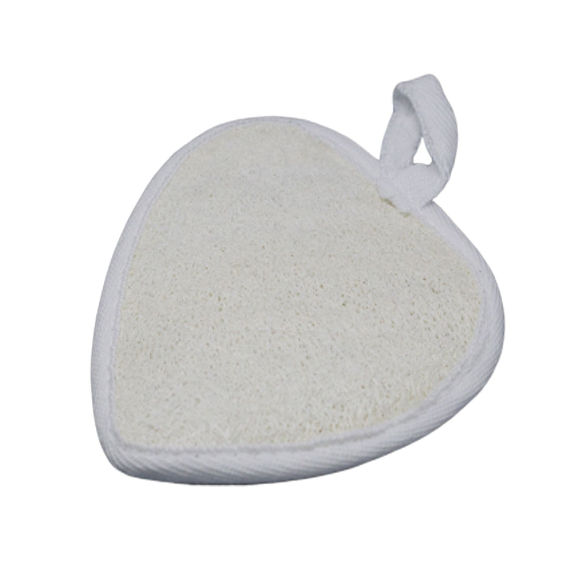 Heart-shaped natural loofah body scrub with a white edging and hanging loop, shown alone