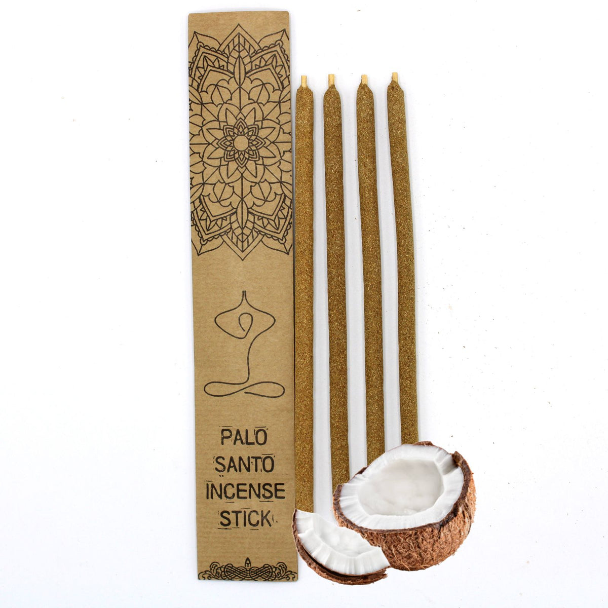 Palo Santo Large Incense Sticks, Coconut, four brown sticks beside a printed kraft box and coconut halves