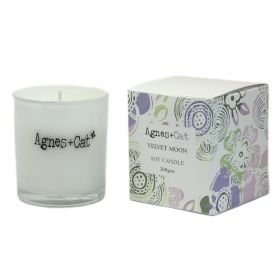 Agnes + Cat Votive Candle, Velvet Moon, white candle in a glass jar beside its patterned box