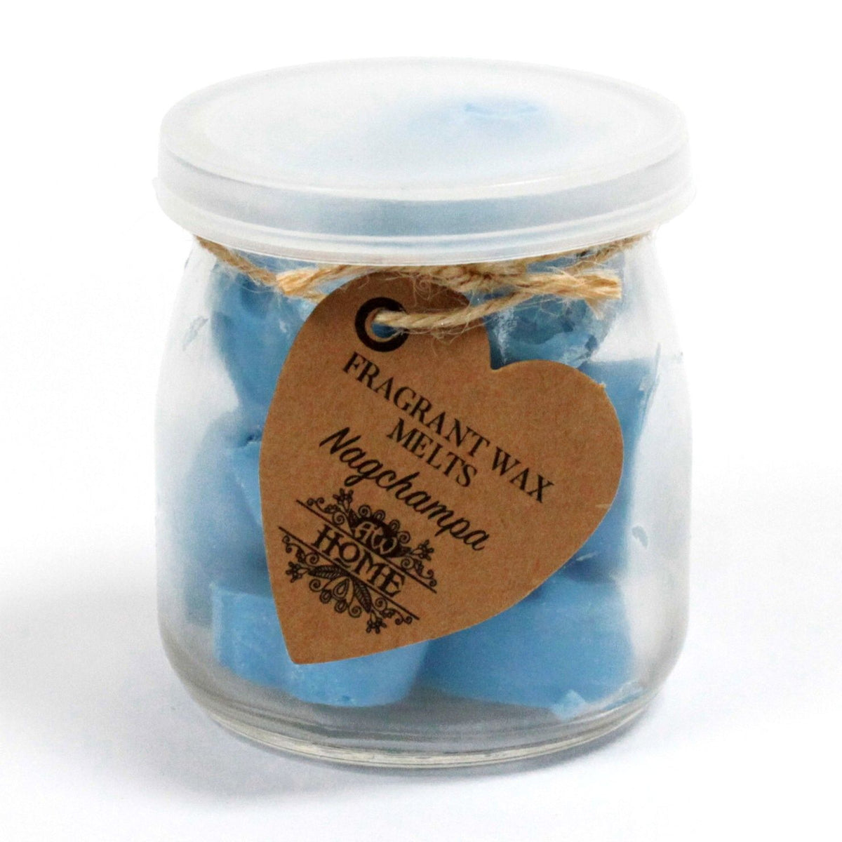 Nagchampa melts in a clear glass jar with a white lid and brown heart-shaped label