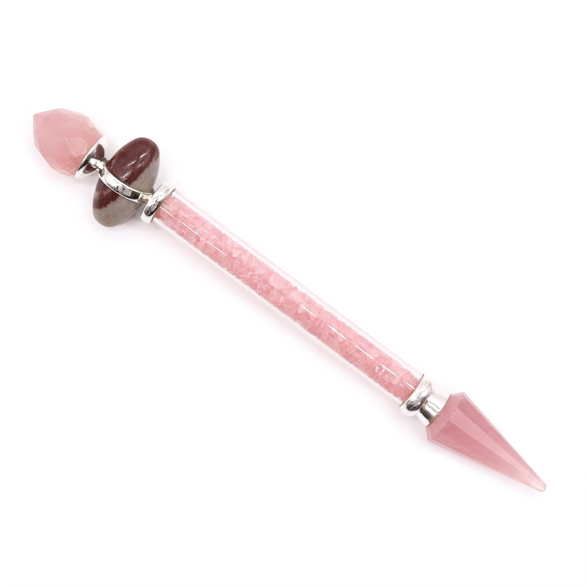 Shiva Lingam Magic Wand, Rose Quartz, Love, pink wand with a faceted point and silver fittings