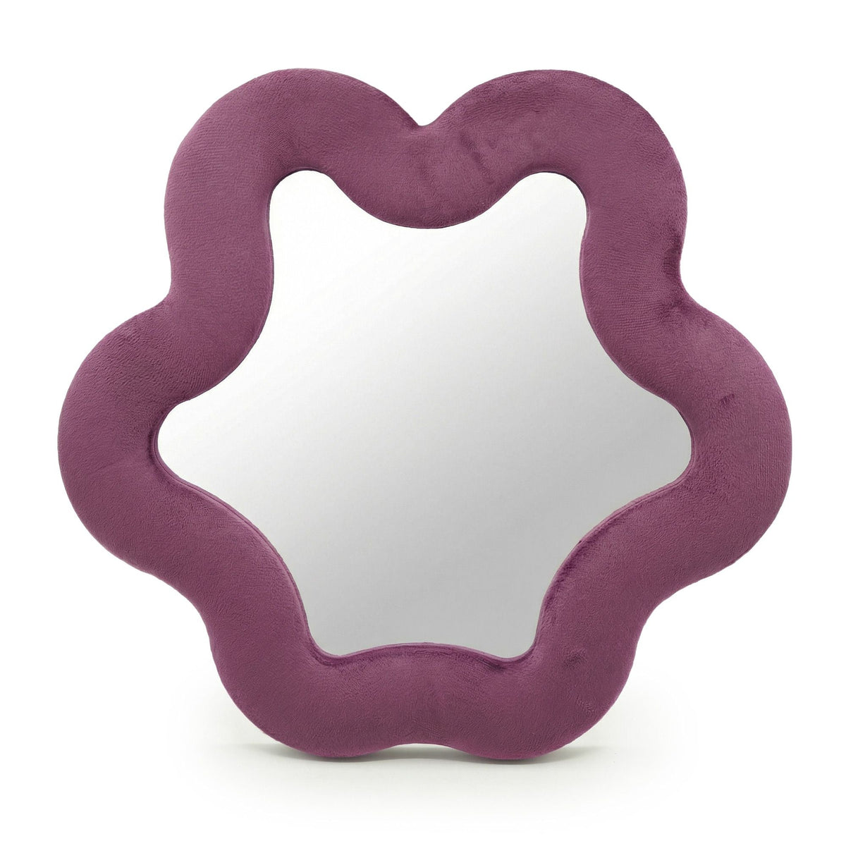 Soft squiggly star mirror in mauve velvet, full front view