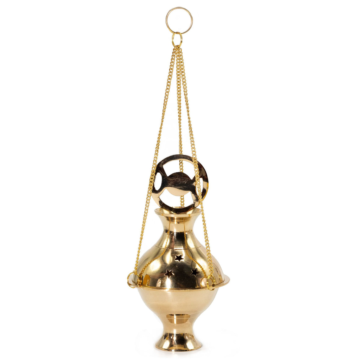 Hanging Brass Incense Burner, Three Phase Moon, a polished gold-coloured burner shown suspended by chains