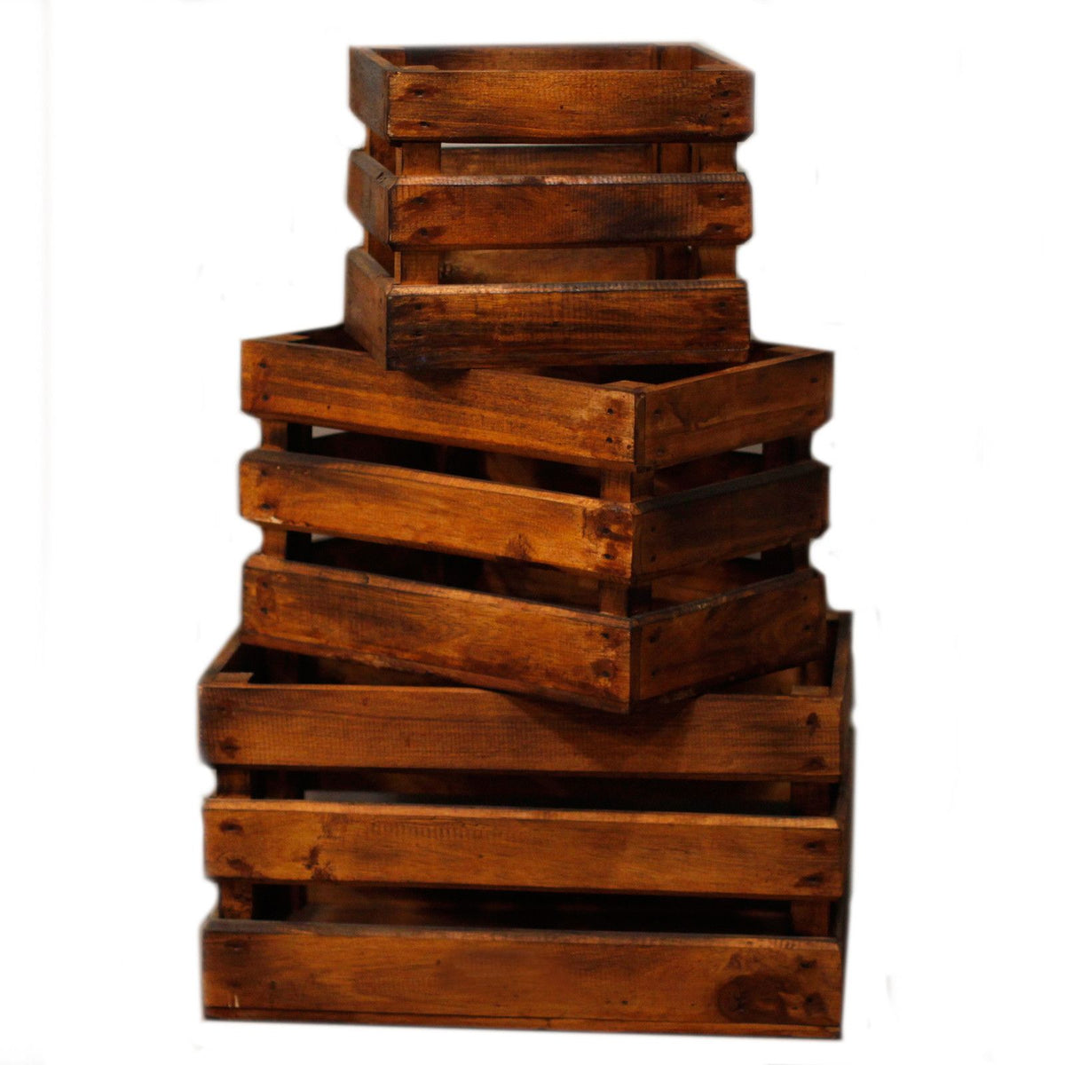 Stacked brown wooden storage crates shown from the front against a plain white background