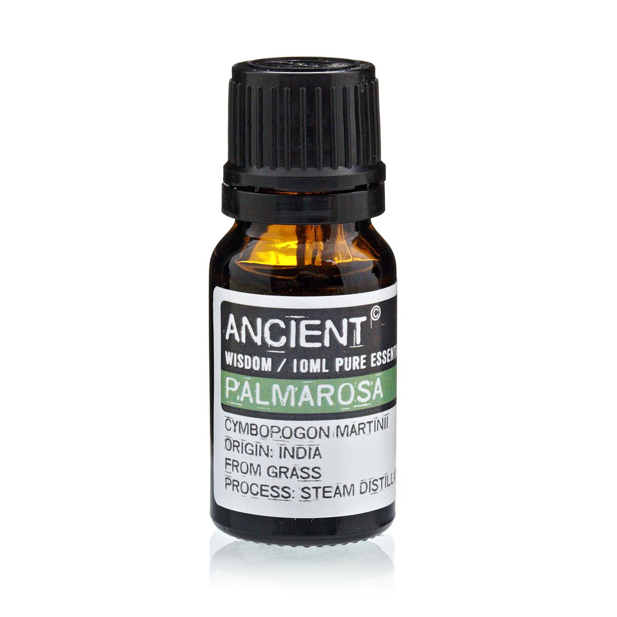10 ml Palmarosa Essential Oil in an amber glass bottle with a black cap, shown upright