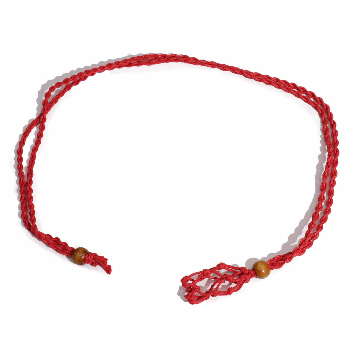 Gemstone Necklace Cord, Red laid in an oval on white, with wooden beads and knotted netted ends
