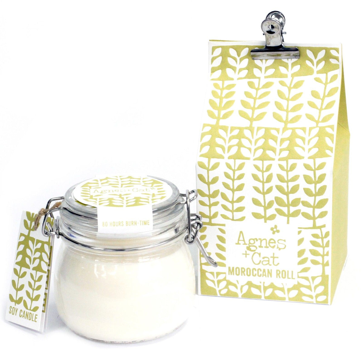 Agnes + Cat Kilner Jar Candle, Moroccan Roll in a clear glass jar with matching patterned packaging