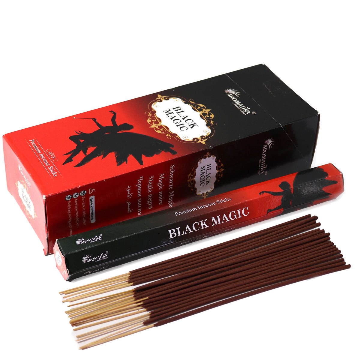 Aromatika Charcoal Free Hex Incense, Black Magic, red and black box with an open stick sleeve and brown sticks