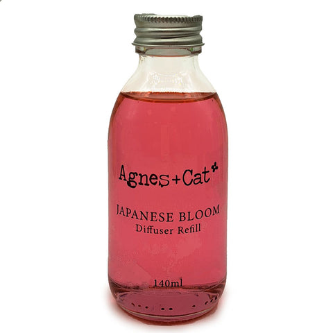 Japanese Bloom diffuser refill in a dark pink bottle, shown alone against a white background