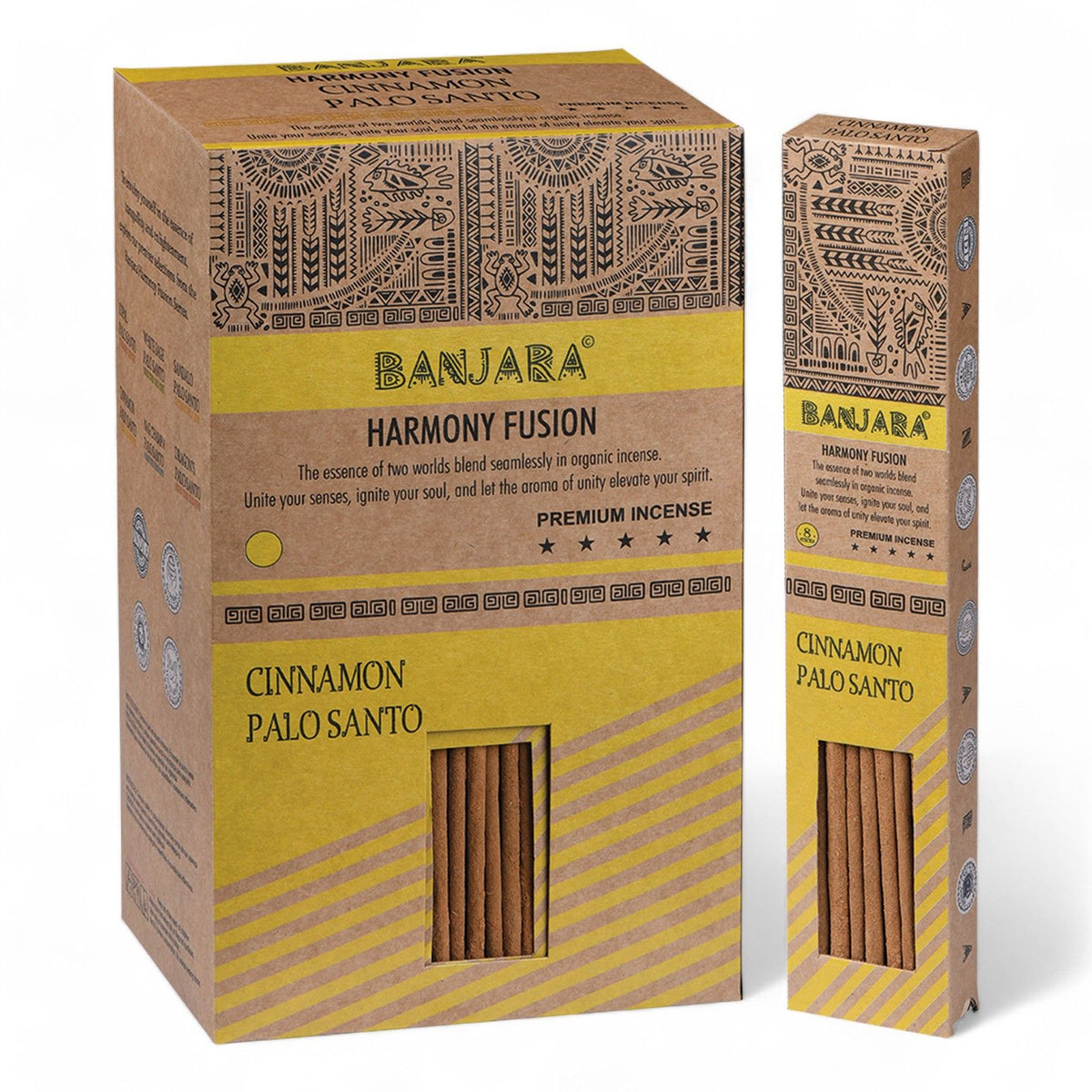 Banjara Cinnamon Palo Santo incense box and pack with sticks laid in front