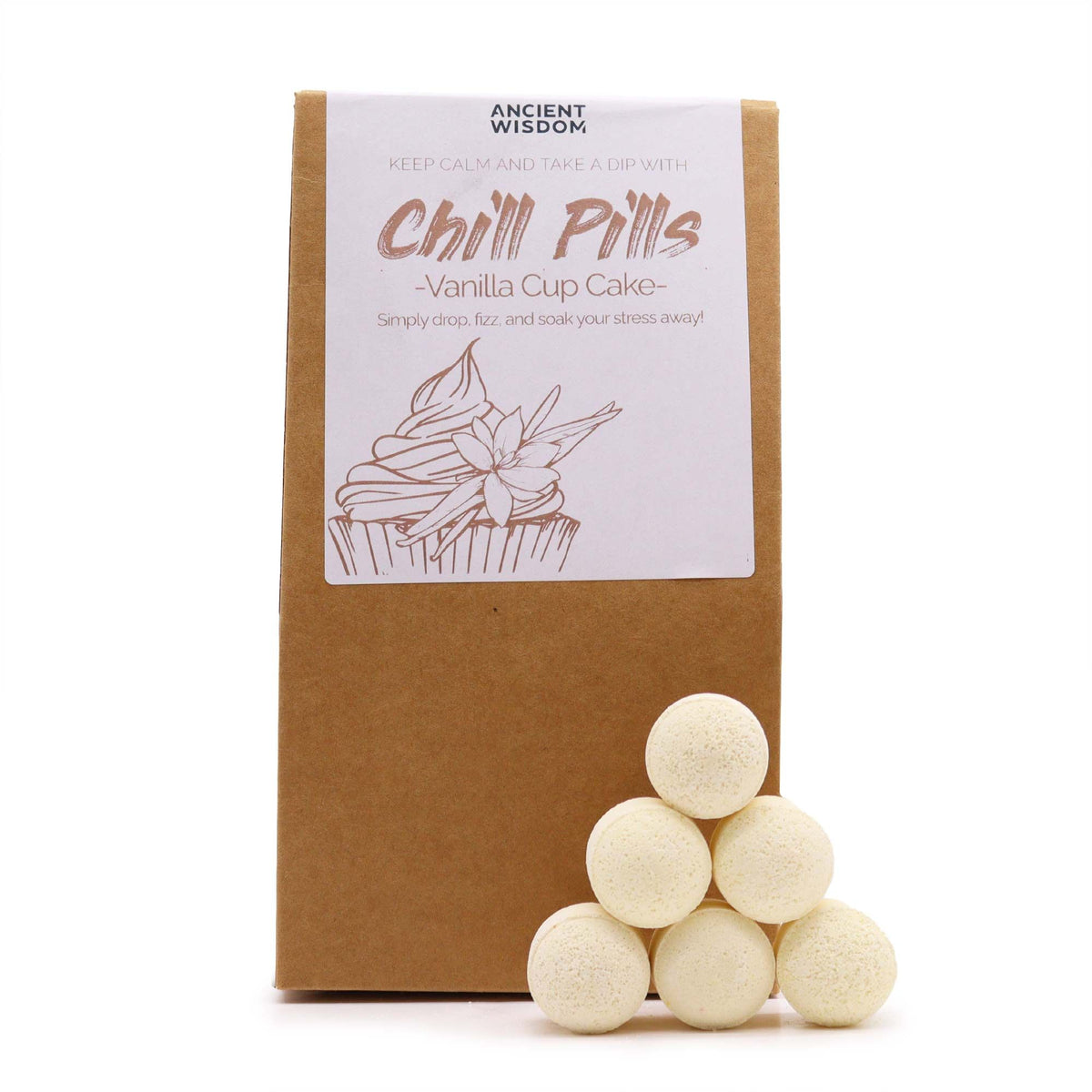 Chill Pills Gift Pack 350g, Vanilla Cup Cake, brown box with a pale label and cream-coloured pills in front
