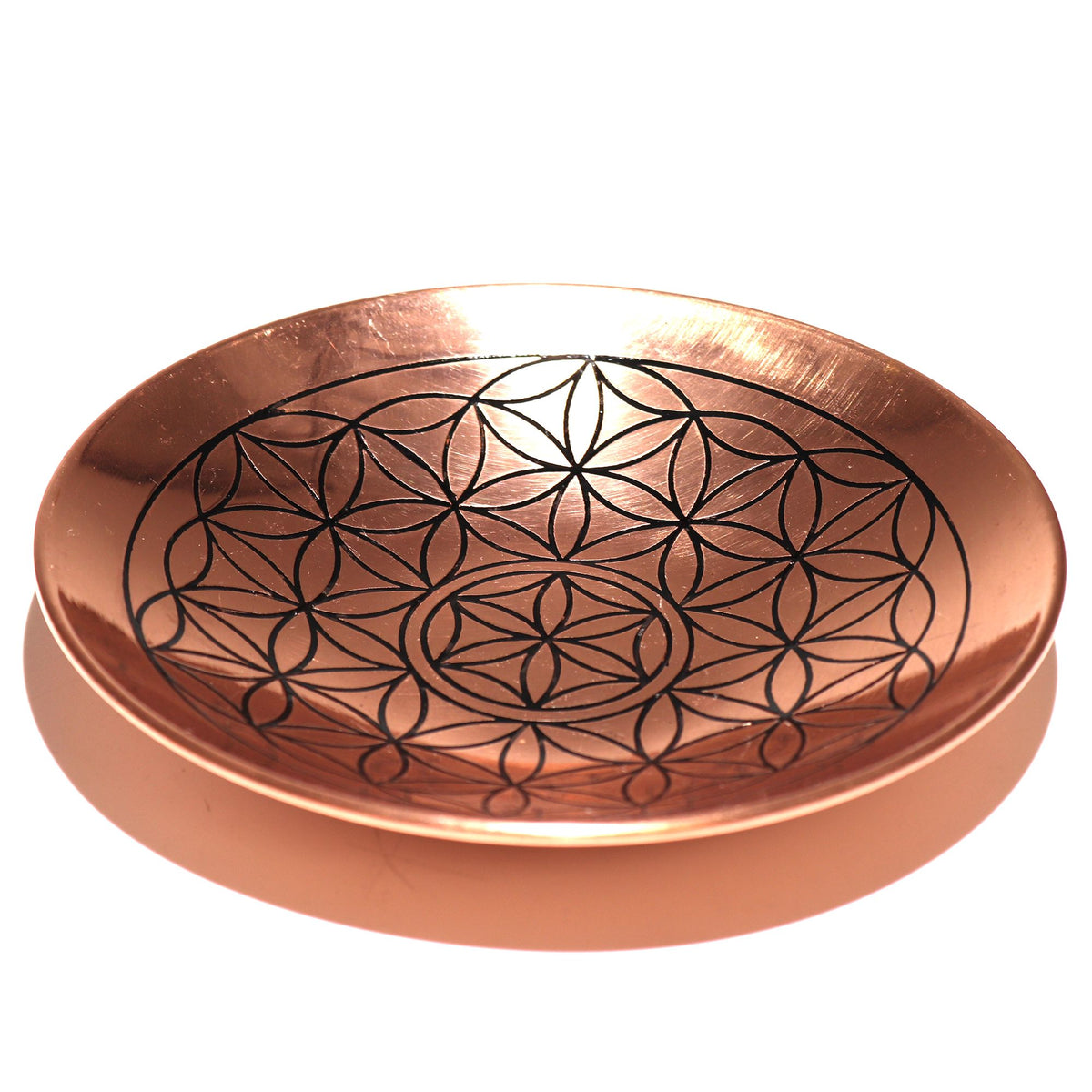 Copper Offer / Smudge Plate, Flower of Life, copper plate with black geometric pattern, shown from above