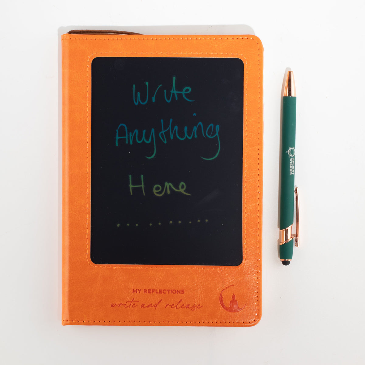 Orange notebook front with writing on its LCD screen