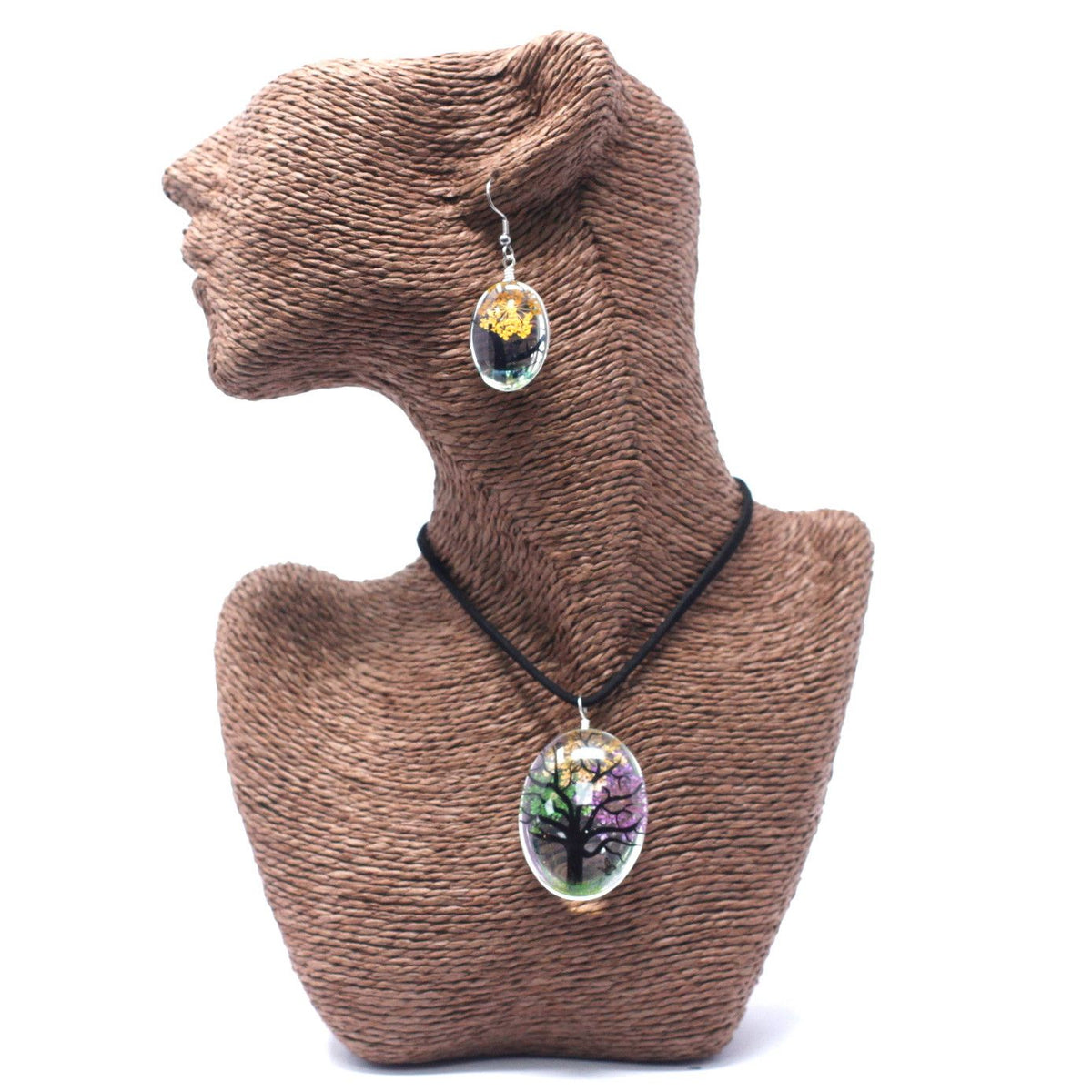 Pressed Flowers, Tree of Life set, Mixed Colours, necklace and earrings on a brown display bust
