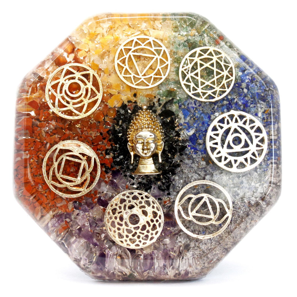 Buddha Chakra orgonite desk power pack, coloured chip wedges and symbol charms around the Buddha