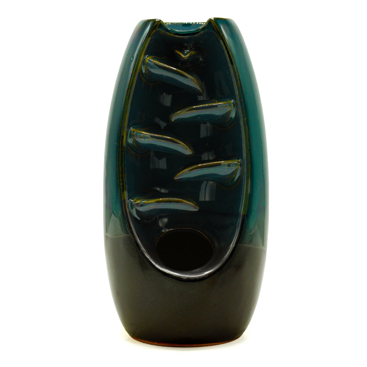 Backflow Incense Burner, Serine Oval Cascade in dark green, front view showing the stepped inner channel
