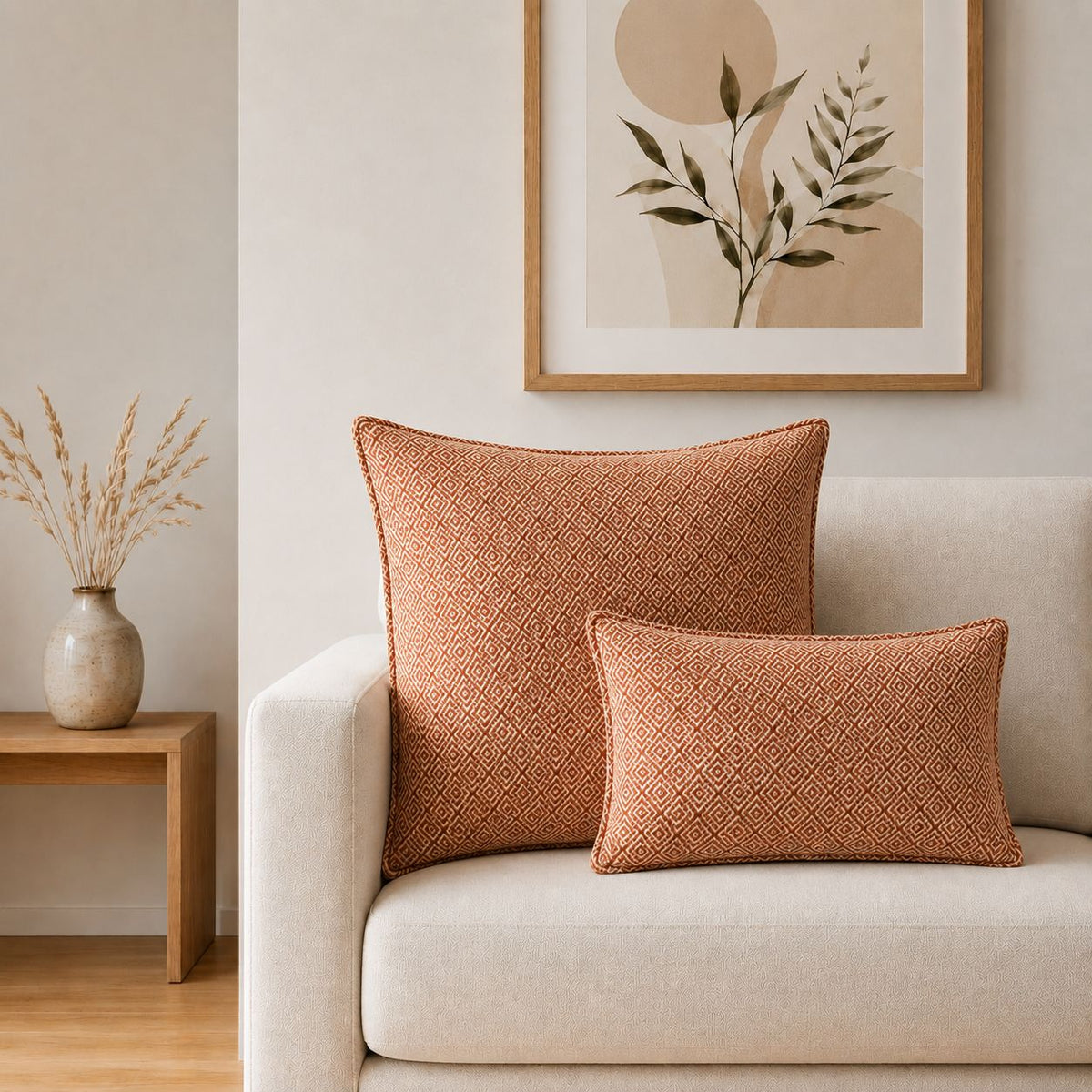 Classic Cushion Cover, Burgundy Squares, 60x60cm, Jumbo Style on a cream sofa with a smaller matching cushion