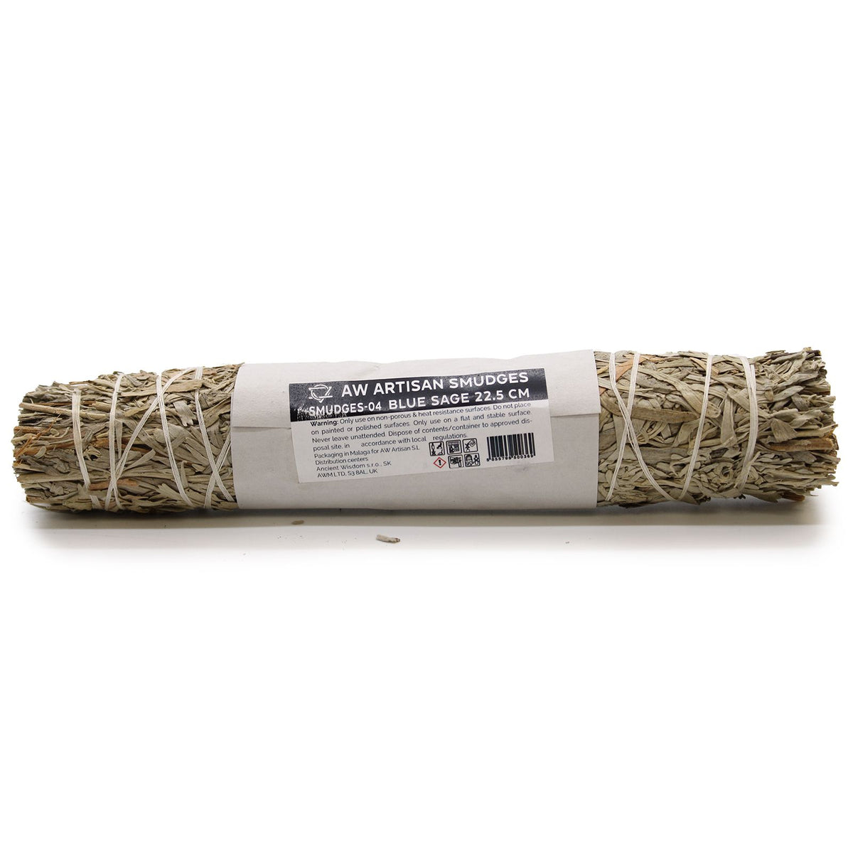 Smudge Stick, Blue Sage 22.5 cm, pale dried leaves tied with string and a paper label, front view