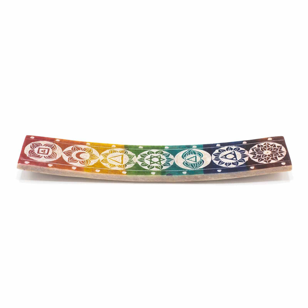Seven Chakra incense holder shown from the side, curved with a row of rainbow-coloured symbols