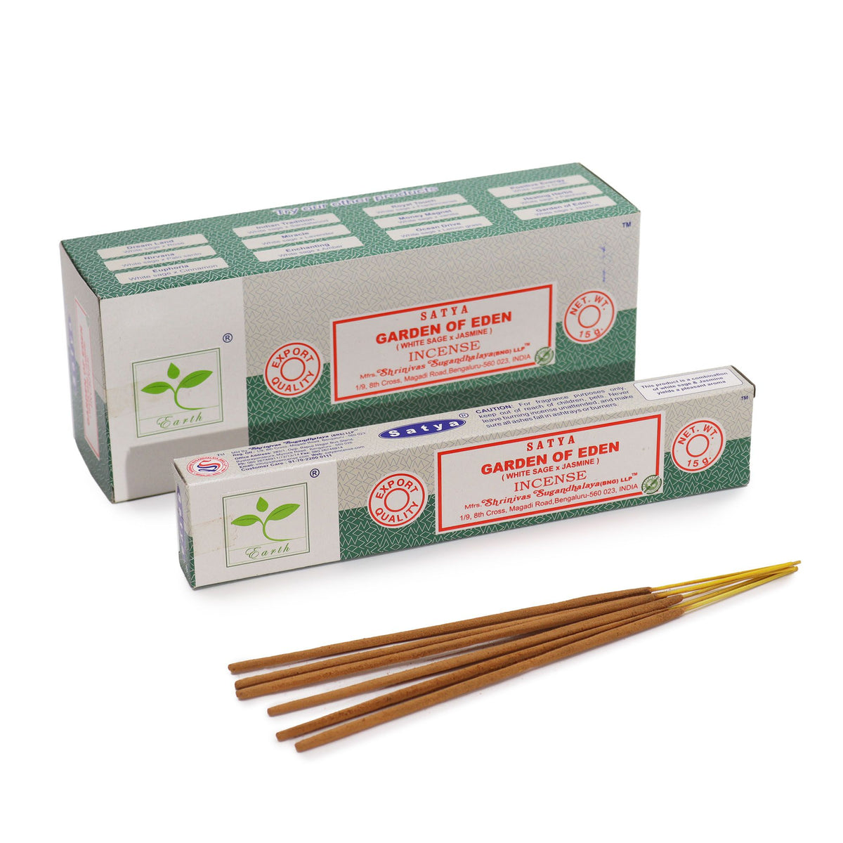 Satya Incense 15gm, Garden of Eden box and packet with brown incense sticks arranged in front